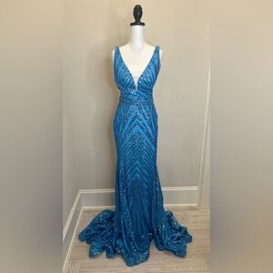 Jovani Blue Sequin Plunge Prom Gown